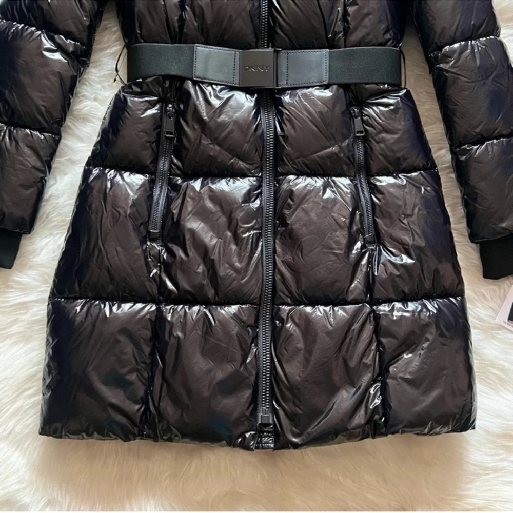 New! DKNY Black Glossy Belted Puffer Coat with Removable Faux Fur Hood - Picture 10 of 16